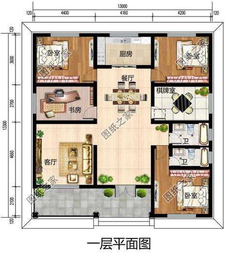 农村平房三卧设计图_农村平房三室一厅一厨一卫效果图-第1张图片-室内构图家装