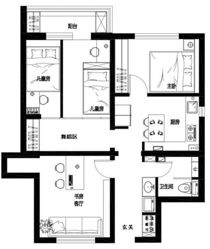 三室北两个卧室设计图-第2张图片-室内构图家装