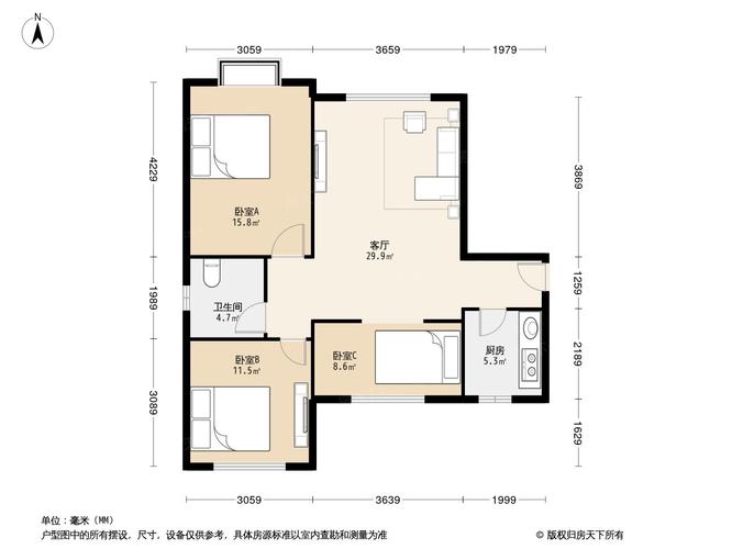 户型图图片 三室一厅一厨一卫-第2张图片-室内构图家装